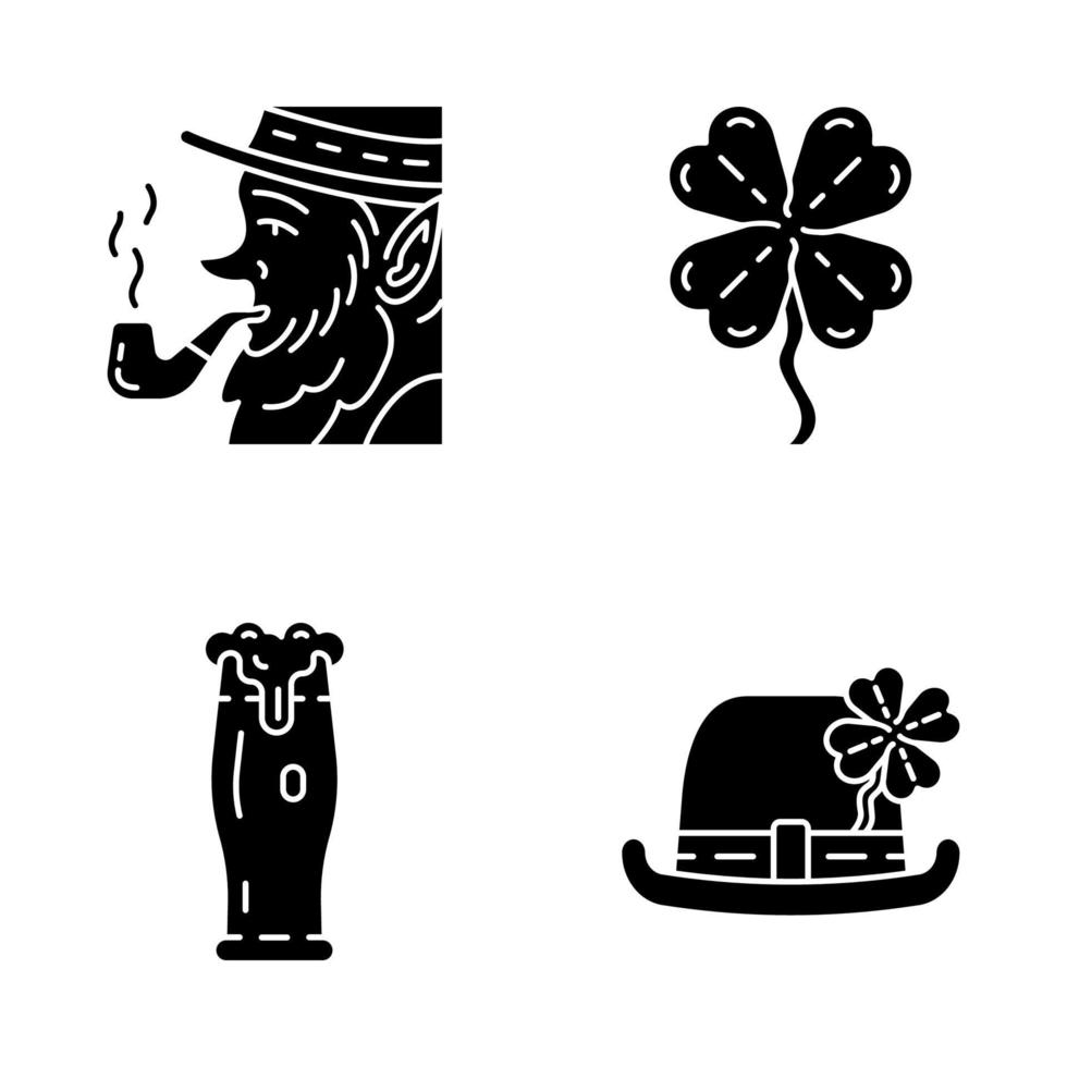 Conjunto de ícones de glifo do dia de São Patrício. símbolos de silhueta. festa de st. patrick. chapéu-coco, duende com cachimbo, copo de cerveja, trevo de quatro folhas. ilustração isolada do vetor