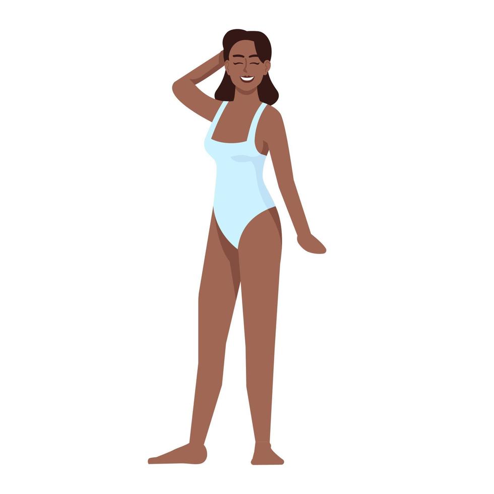 mulher vestida de ilustração vetorial plana de maiô. corpo positivo. luta pela igualdade e feminismo. figura magra. mulher sorridente afro-americana isolada personagem de desenho animado em fundo branco vetor