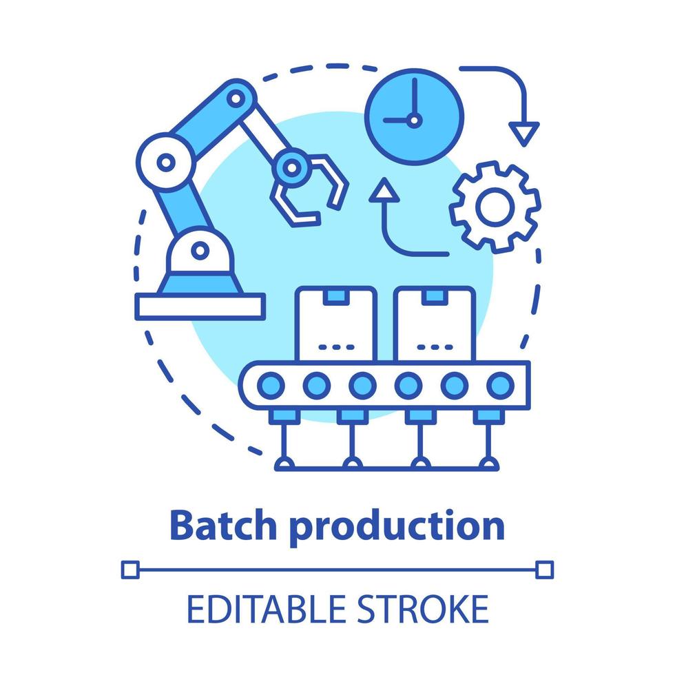 ícone do conceito de produção em lote. ilustração de linha fina de ideia de método de fabricação. processo de produção em massa. fabricação em série. equipamento de maquinaria. desenho de contorno isolado do vetor. curso editável vetor