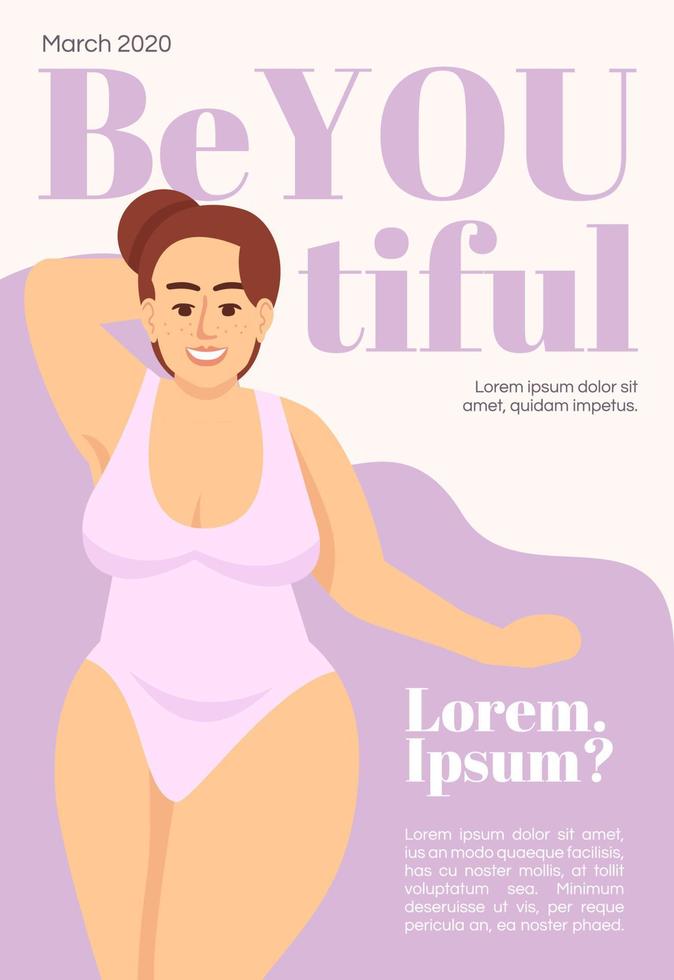 modelo de capa de revista positiva do corpo. projeto de maquete de jornal. feminismo. layout de página de vetor, personagem plano. plus size model. mulher caucasiana com sardas anunciando ilustração de desenho animado, espaço de texto vetor