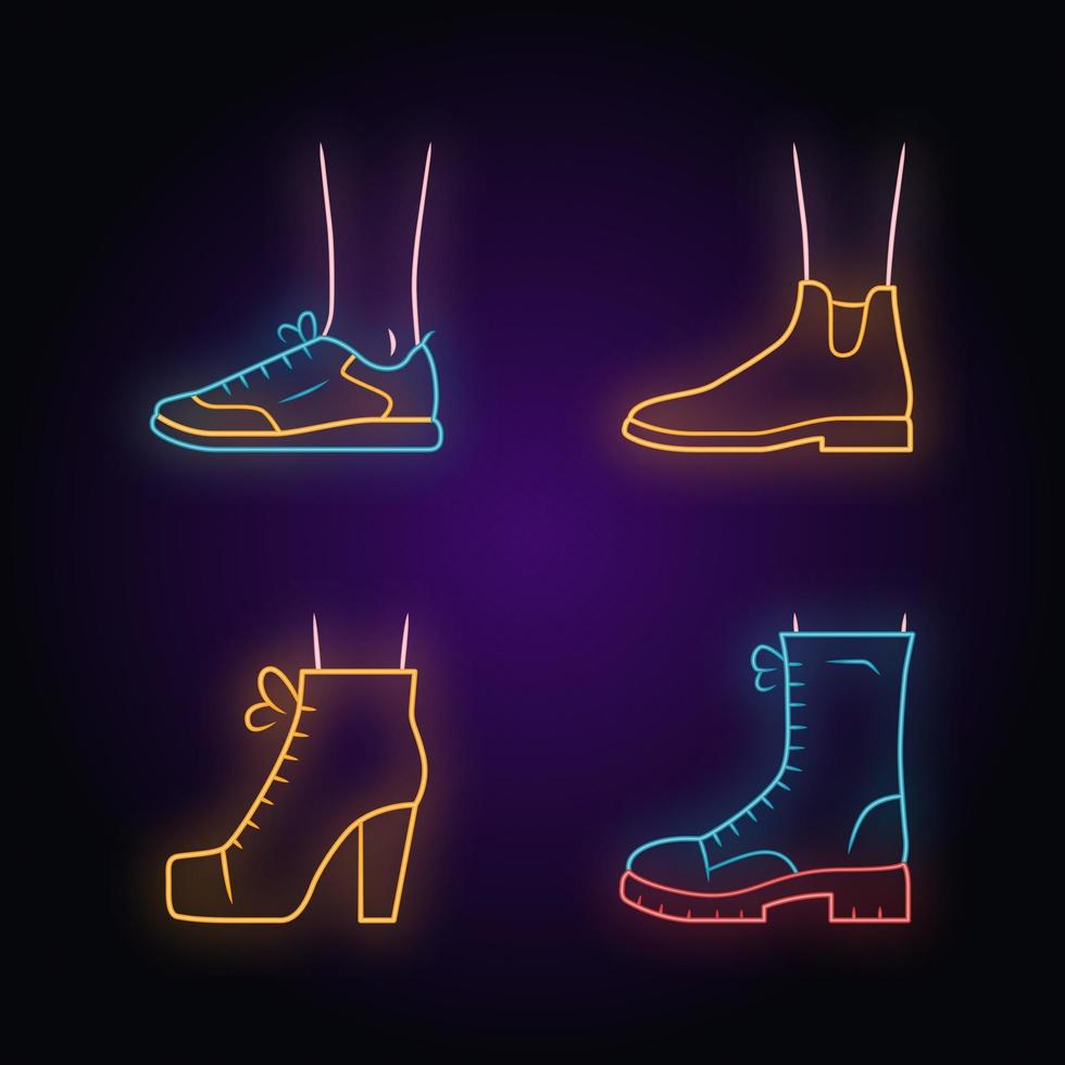 mulheres outono sapatos conjunto de ícones de luz de néon. calçado feminino formal e casual. tênis unissex elegantes, lita. primavera na moda, botas de inverno. sinais brilhantes. ilustrações isoladas de vetor