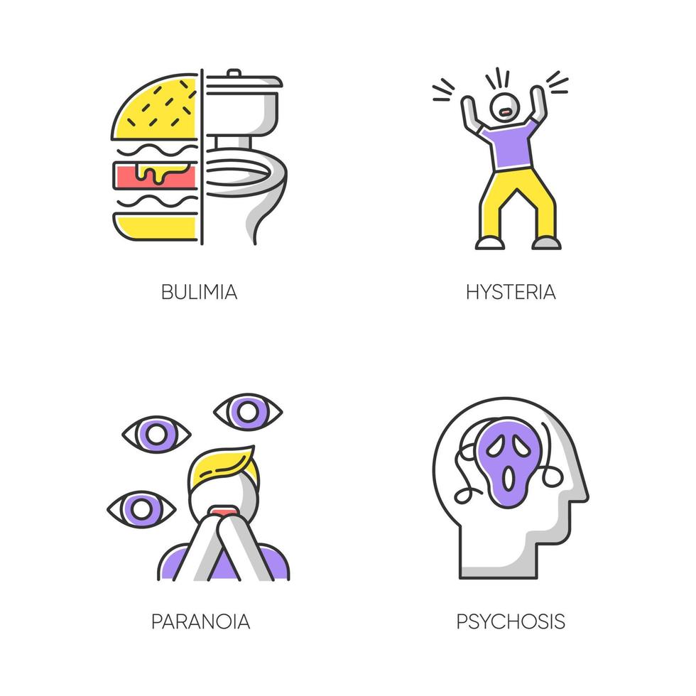 conjunto de ícones de cores de transtorno mental. bulimia. desordem alimentar. histeria. ataque de pânico. ansiedade depressão. paranóia. medo e fobia. psicose. doença psiquiátrica. ilustrações vetoriais isoladas vetor