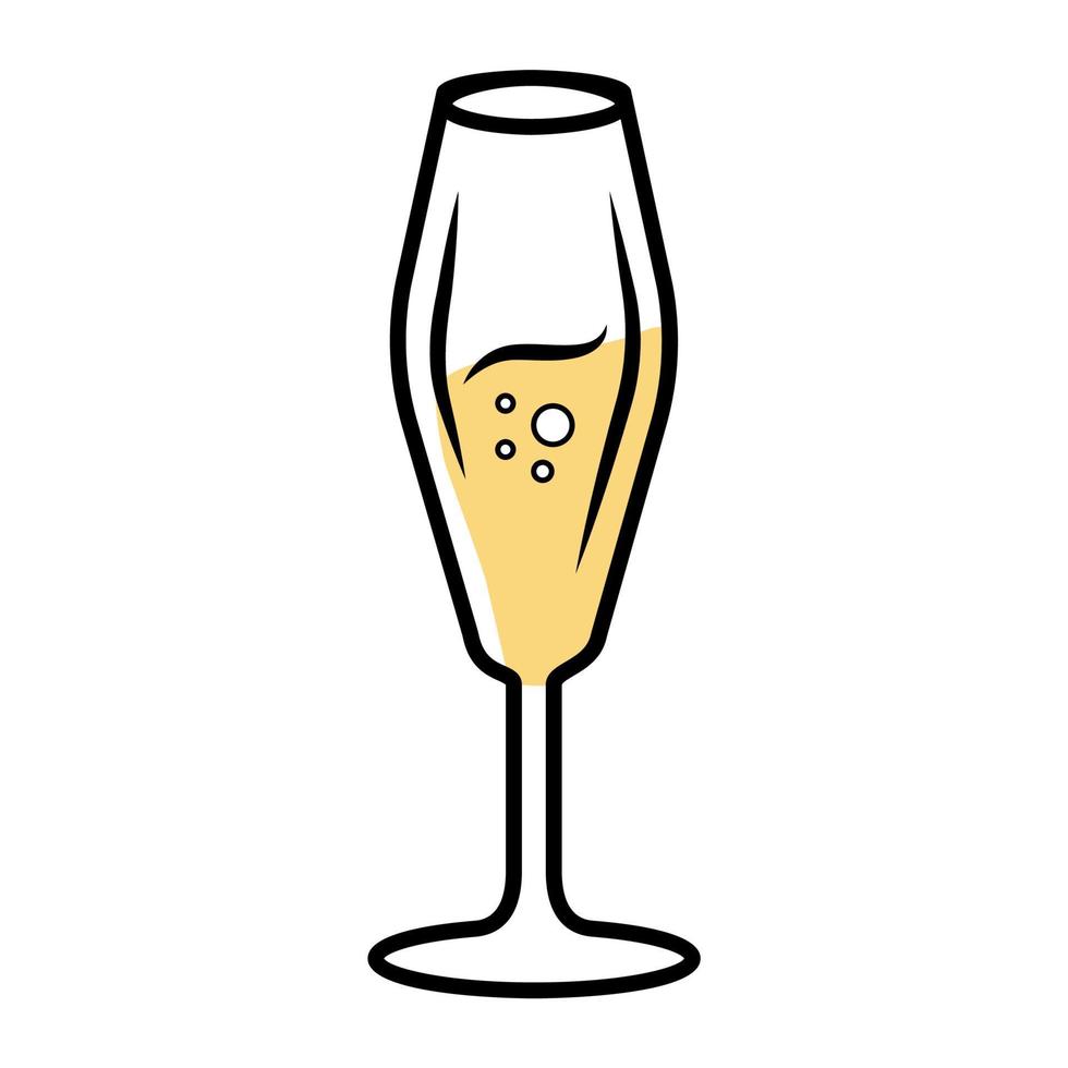 ícone de cor amarela de copo de vinho flauta. espumante, champanhe. bebida alcoólica com bolhas. coquetel de festa. bebida doce de aperitivo. bar, talheres de restaurante, copos. ilustração vetorial isolada vetor