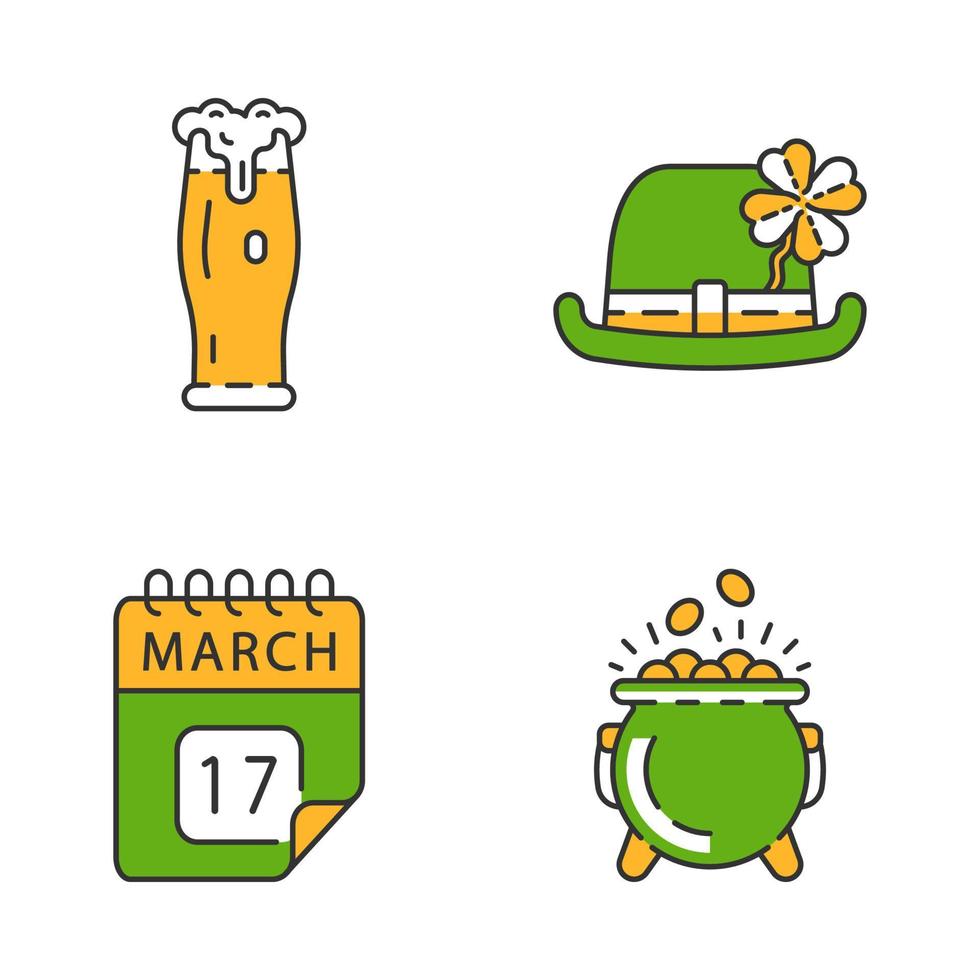 Conjunto de ícones de cores do dia de São Patrício. festa de st. patrick. copo de cerveja, chapéu-coco com trevo de quatro folhas, data do calendário 17 de março, pote de ouro. ilustrações vetoriais isoladas vetor