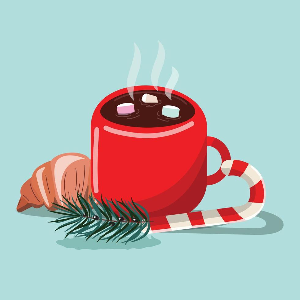 caneca vermelha com chocolate quente, galho de pinheiro, croissant e bastão de doces sobre fundo azul. ilustração do vetor de natal.
