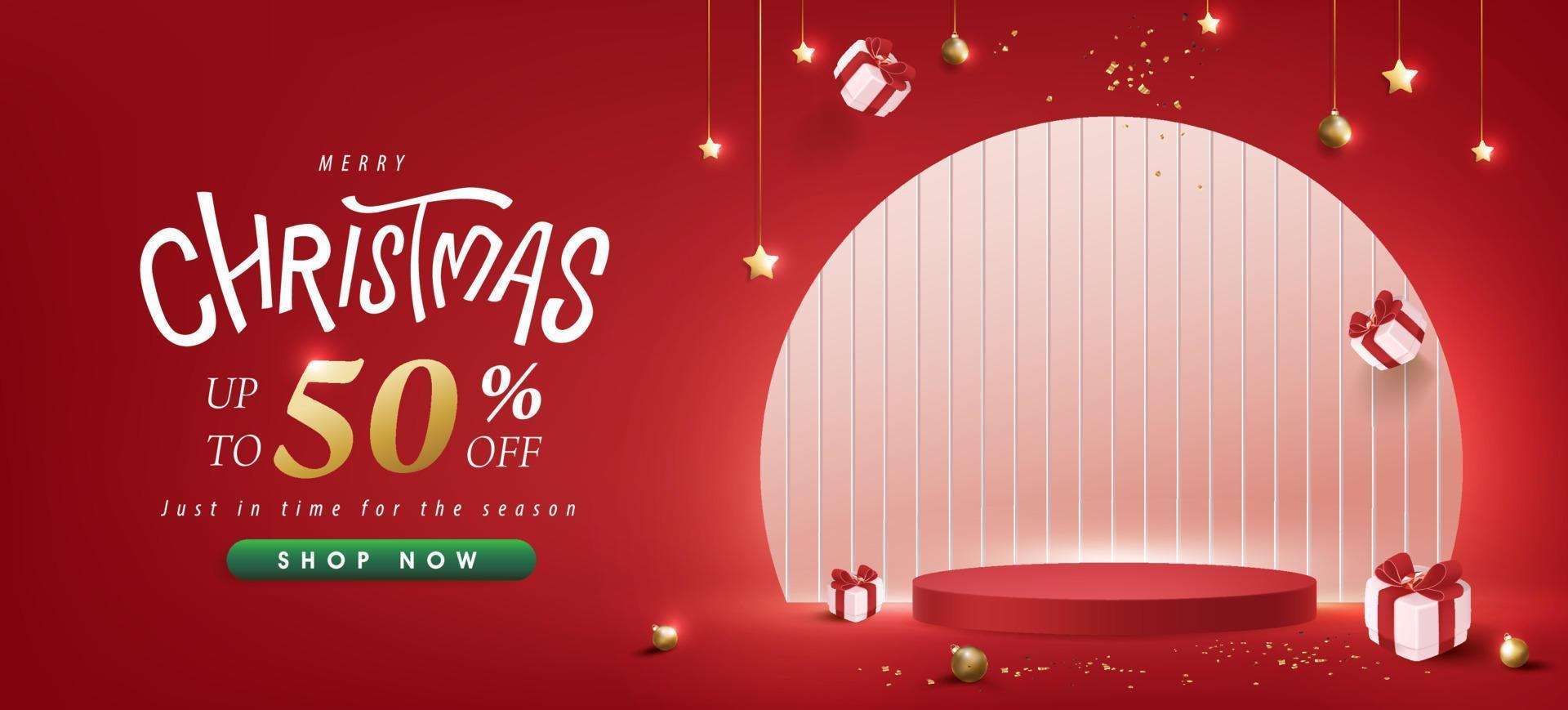 banner de promoção de venda de feliz natal com display de produto e decoração festiva com fundo vermelho vetor