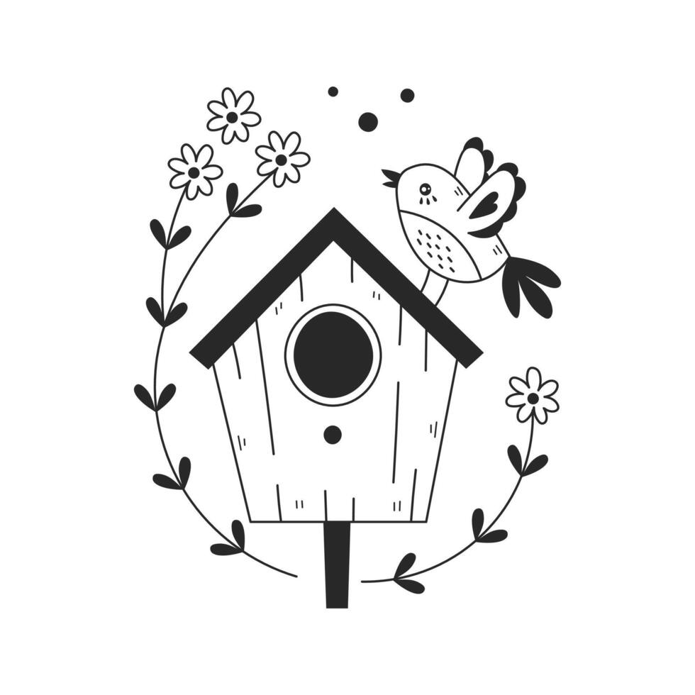 Casa de passarinho e pássaro rabisco ilustração vetor