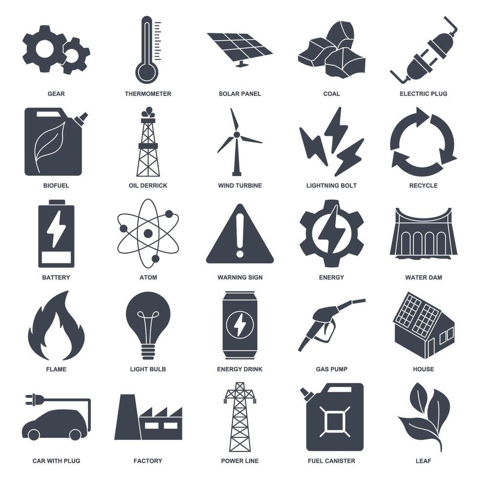 renovável energia, verde tecnologia ícone definir, incluído ícones Como luz lâmpada, pasta, solar painel, bateria e Mais símbolos coleção, logotipo isolado vetor ilustração