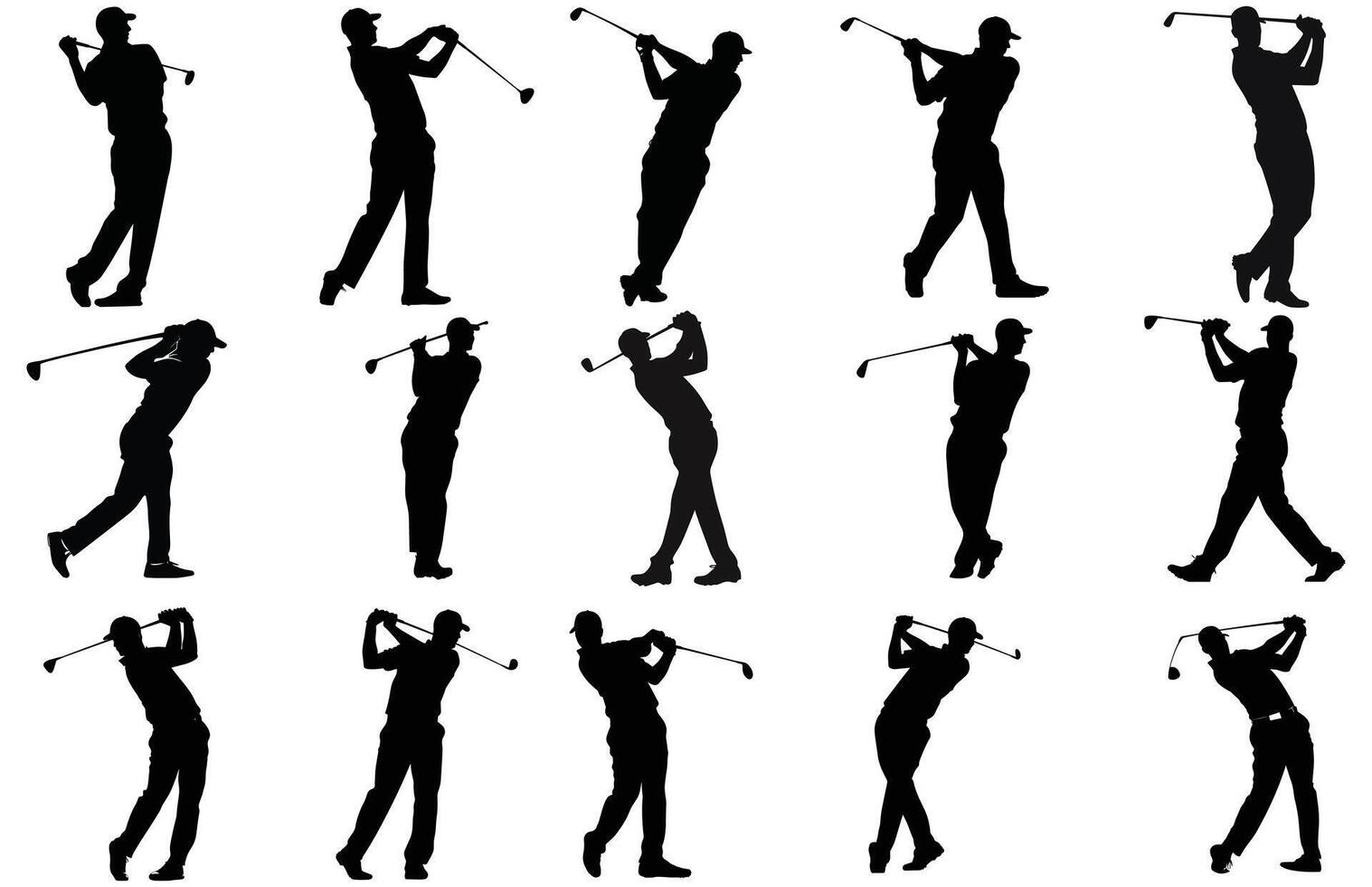golfe jogador silhuetas vetor ilustração conjunto, golfe jogador silhuetas, golfe jogador jogando silhueta