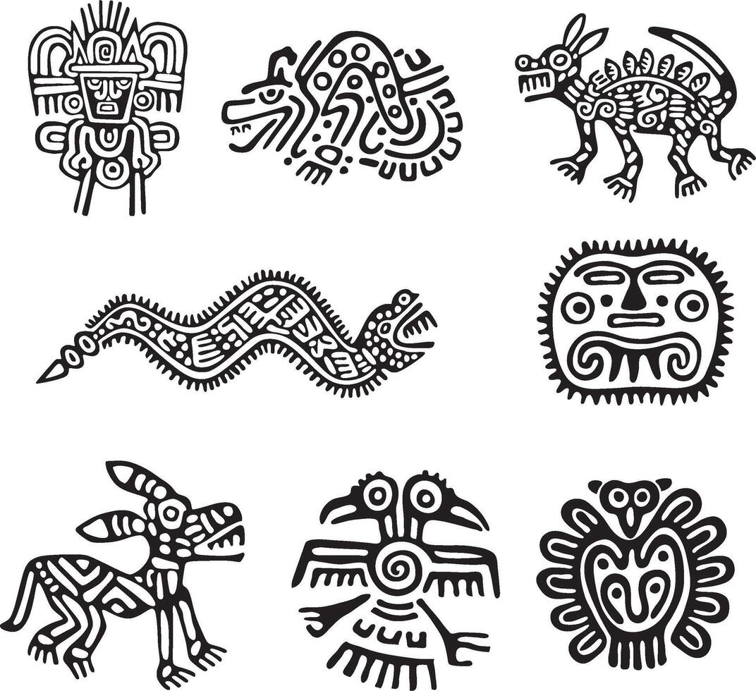vetor monocromático conjunto do nativo americano símbolos. padronizar totem do a povos do central e sul América, astecas, maia, incas.
