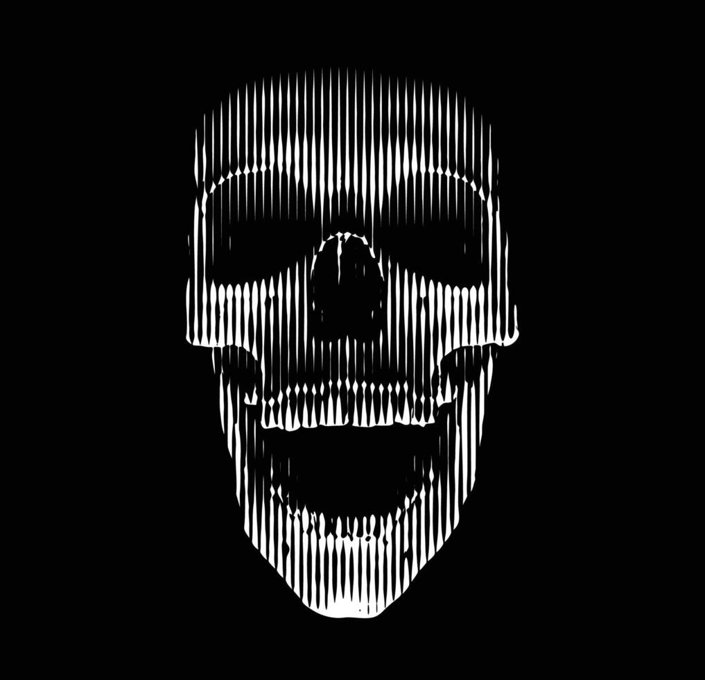vetor linha arte do uma 3d crânio com assustador iluminação a partir de abaixo. frontal visualizar, branco vertical linhas em uma Preto fundo. perfeito para dia das Bruxas e fácil gráfico retrato.