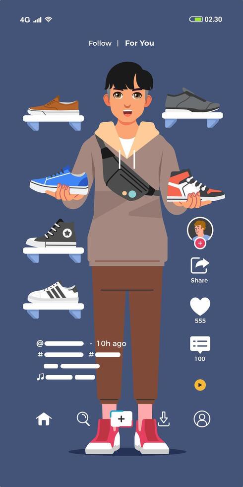 jovem à moda homem Faz viver vídeo em social meios de comunicação para vender sapatos e tênis conectados fazer compras loja vetor