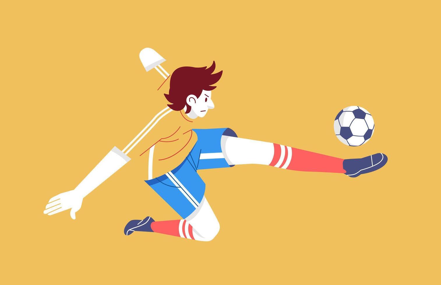 futebol jogador chutes a bola dentro ar plano moderno personagem vetor ilustração