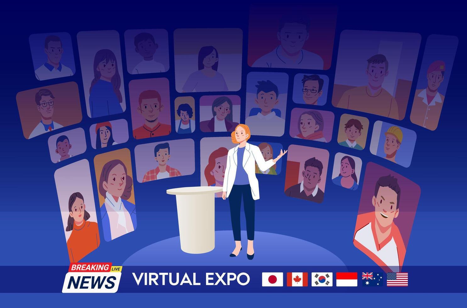 alto falante fala em digital expo conectados vídeo conferência etapa testemunhado de pessoas a partir de vários países vetor