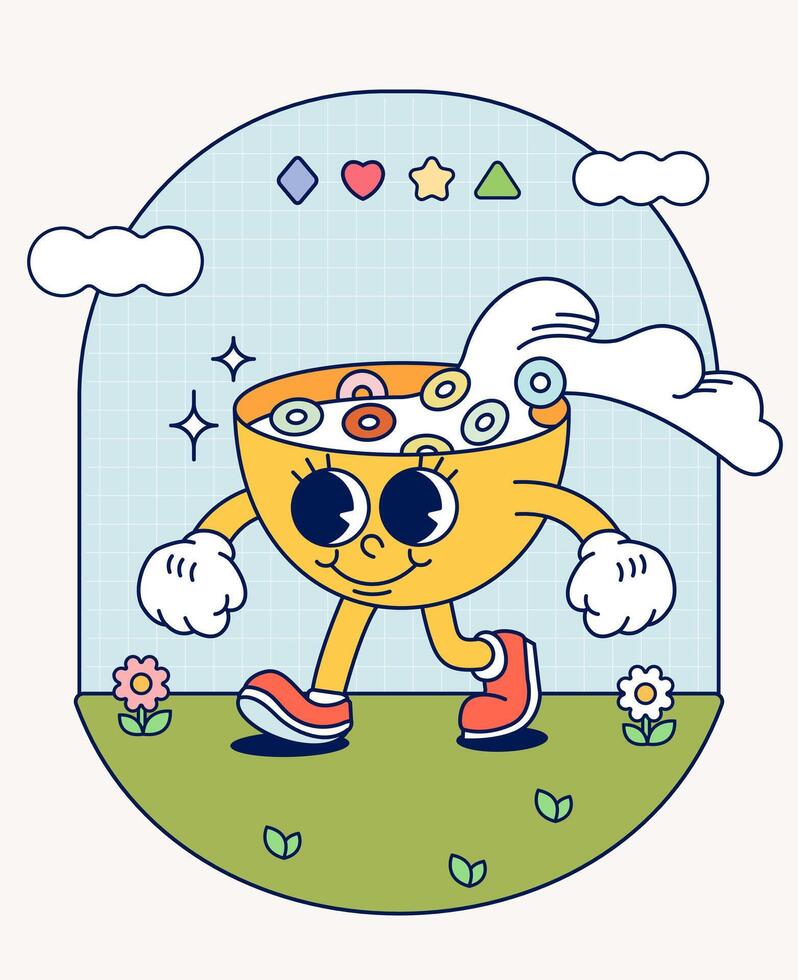 tigela cereal retro personagem mascote vintage na moda mão desenhar engraçado rabisco quadrinho coleção vetor