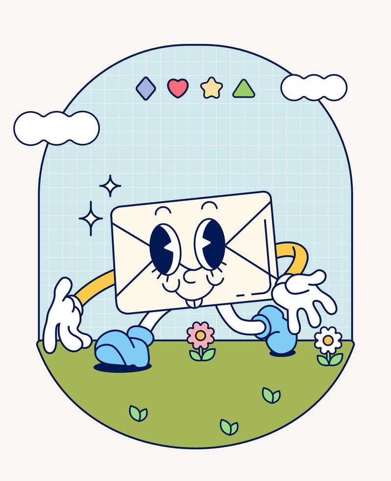 envelope retro personagem mascote vintage na moda mão desenhar engraçado rabisco quadrinho coleção vetor