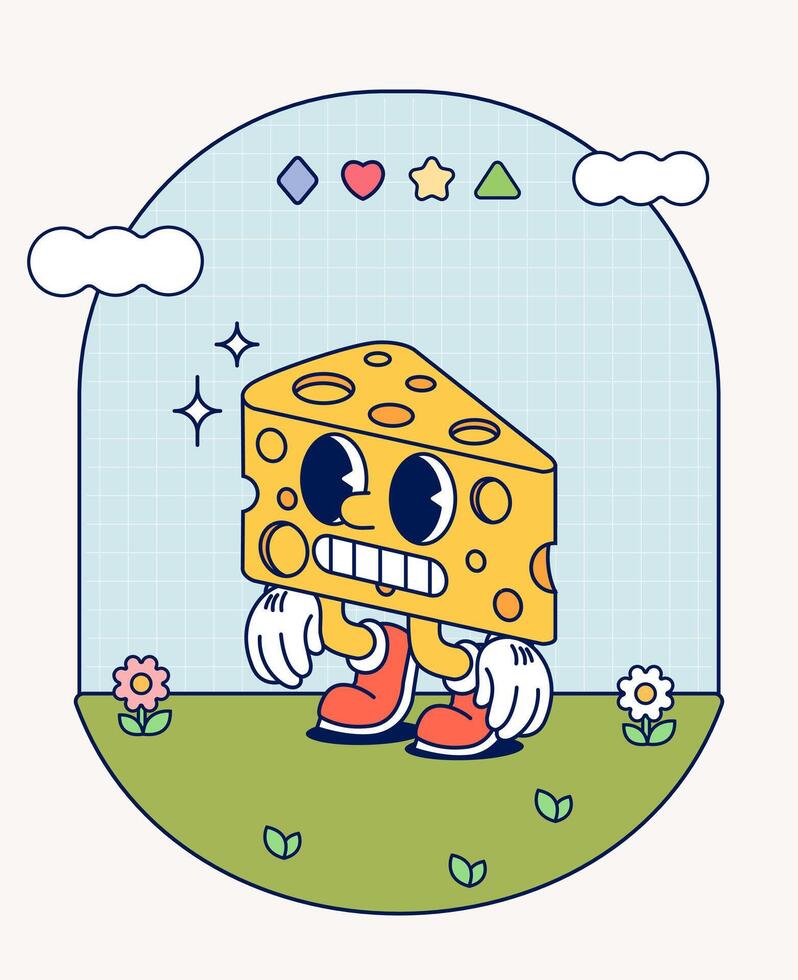 queijo retro personagem mascote vintage na moda mão desenhar engraçado rabisco quadrinho coleção vetor