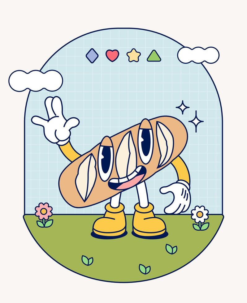 baguete pão retro personagem mascote vintage na moda mão desenhar engraçado rabisco quadrinho coleção vetor