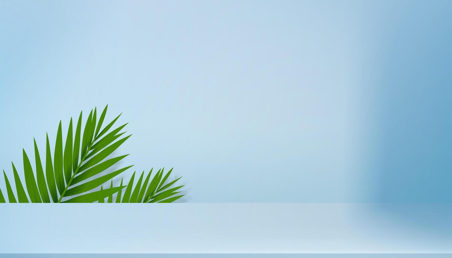verão plano de fundo, estúdio quarto exibição com luz, coco Palma folhas sombra folhas em pastel azul cimento parede fundo para produtos presente, pano de fundo tropical cena conceito para rede bandeira vetor