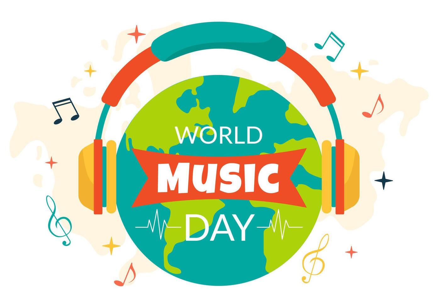 mundo música dia vetor ilustração em 21 Junho com vários musical instrumentos e notas dentro plano desenho animado fundo Projeto