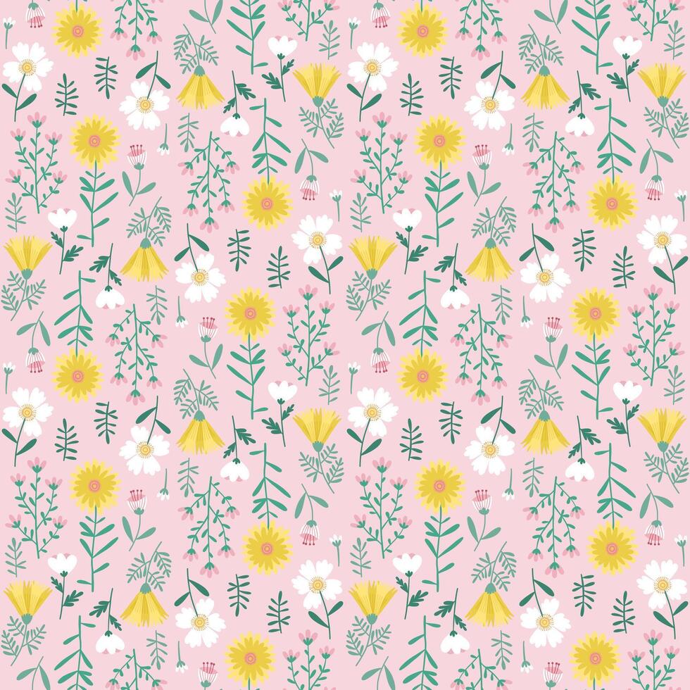 floral desatado padronizar do branco, rosa, amarelo flores em luz Rosa pano de fundo. papel de parede Projeto para têxteis, tecidos, decorações, papéis impressões, moda fundos, embrulhos embalagem. vetor