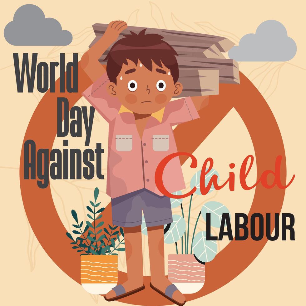 ilustração do mundo dia contra criança trabalho, com crianças trabalhando para coletar lenha. proibição placa para campanha modelo vetor