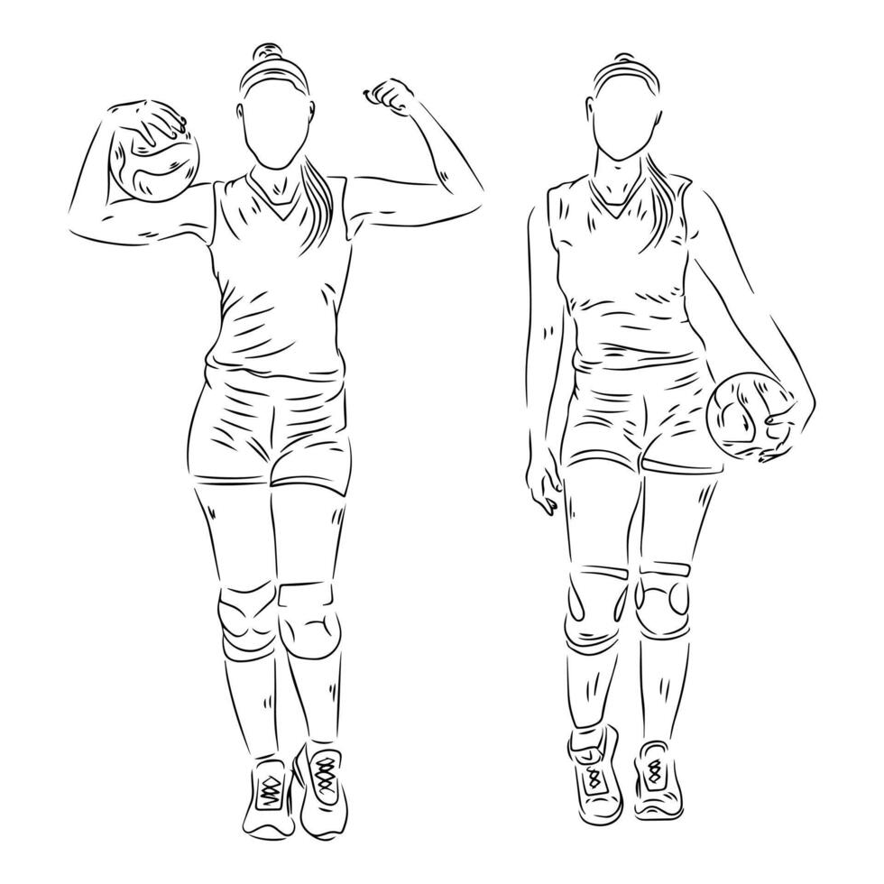 conjunto do pessoas jogando voleibol linha arte ilustração vetor