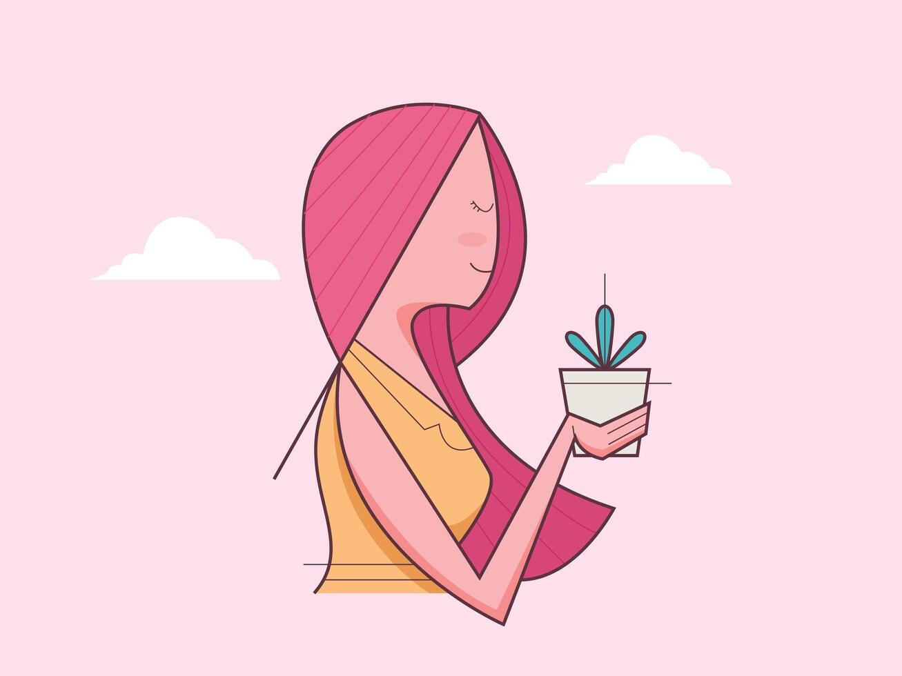 adorável menina segurando flor vaso vetor ilustração. Primavera feriado