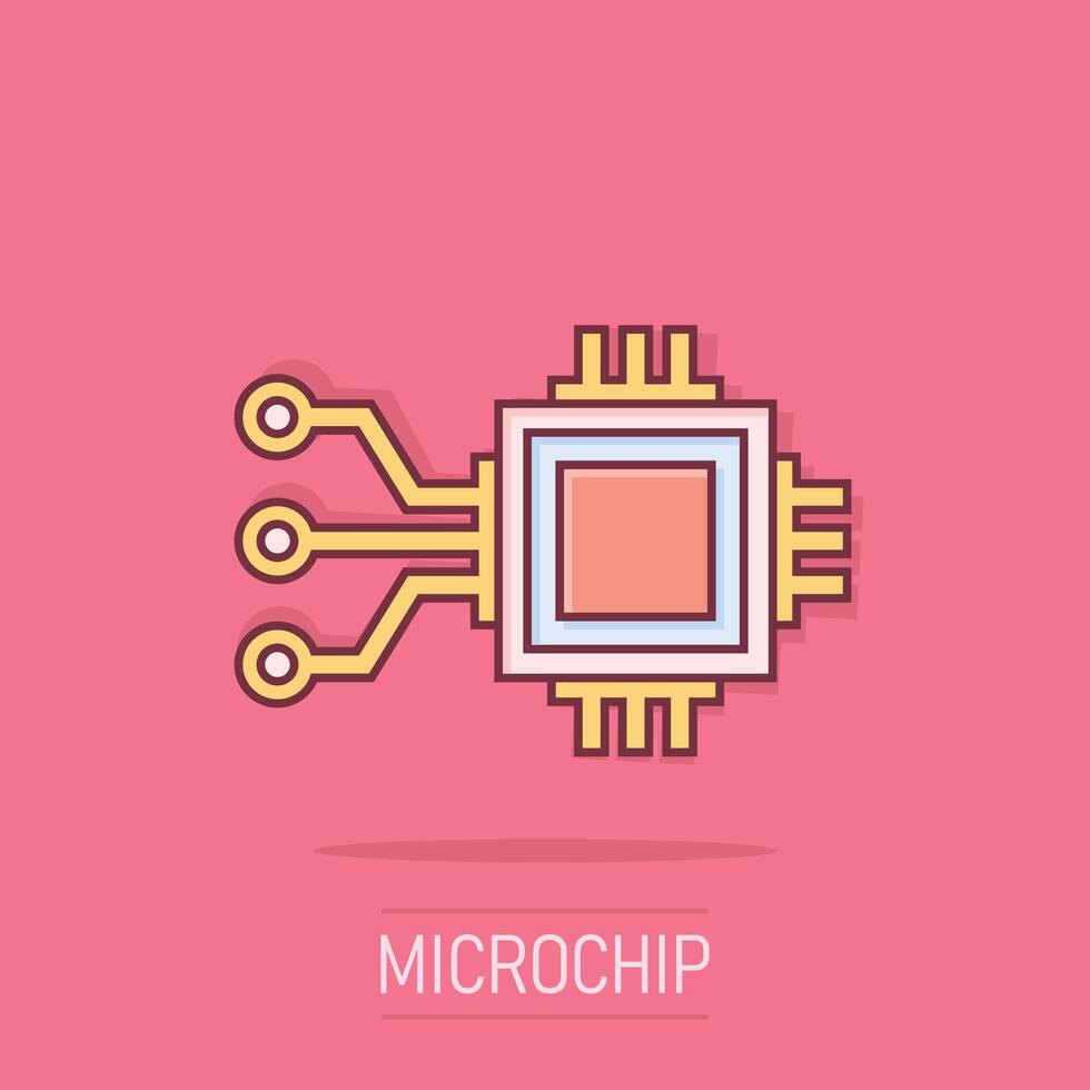 computador lasca ícone dentro quadrinho estilo. o circuito borda desenho animado vetor ilustração em isolado fundo. CPU processador respingo efeito o negócio conceito.