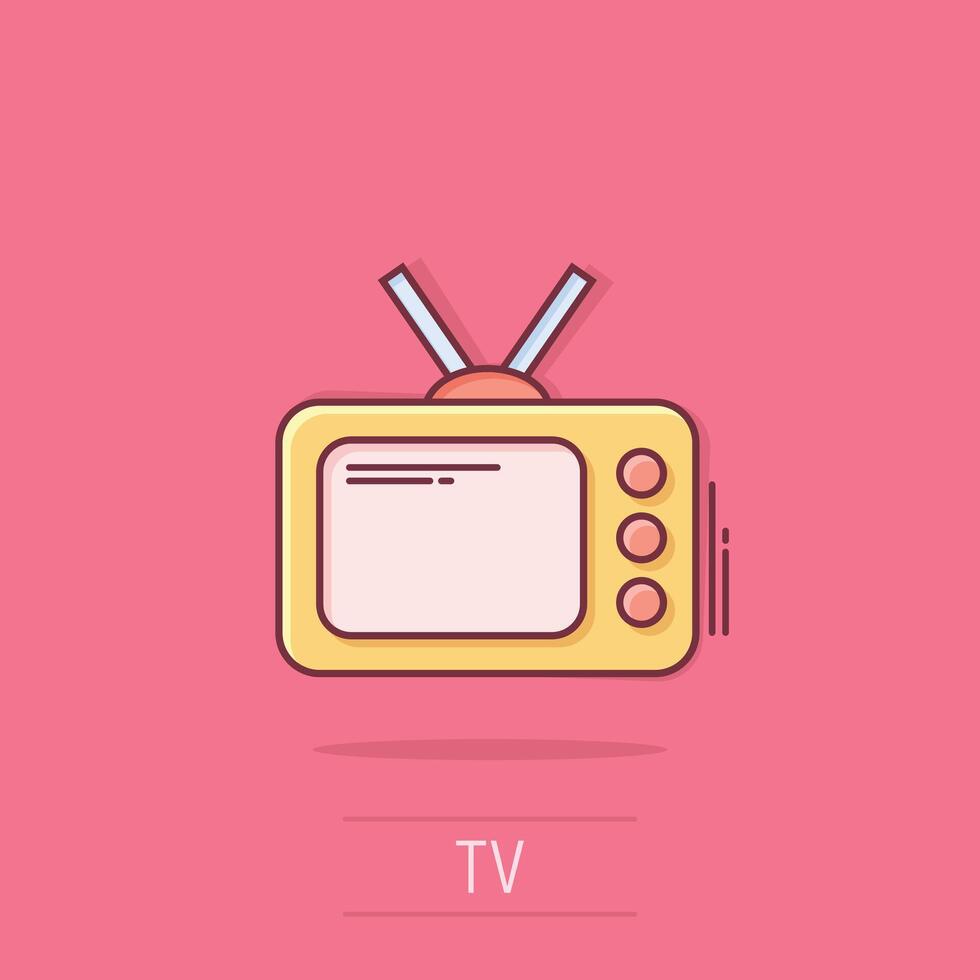 ícone da tv em estilo cômico. ilustração em vetor sinal de desenho animado de televisão em fundo branco isolado. conceito de negócio de efeito de respingo de canal de vídeo.