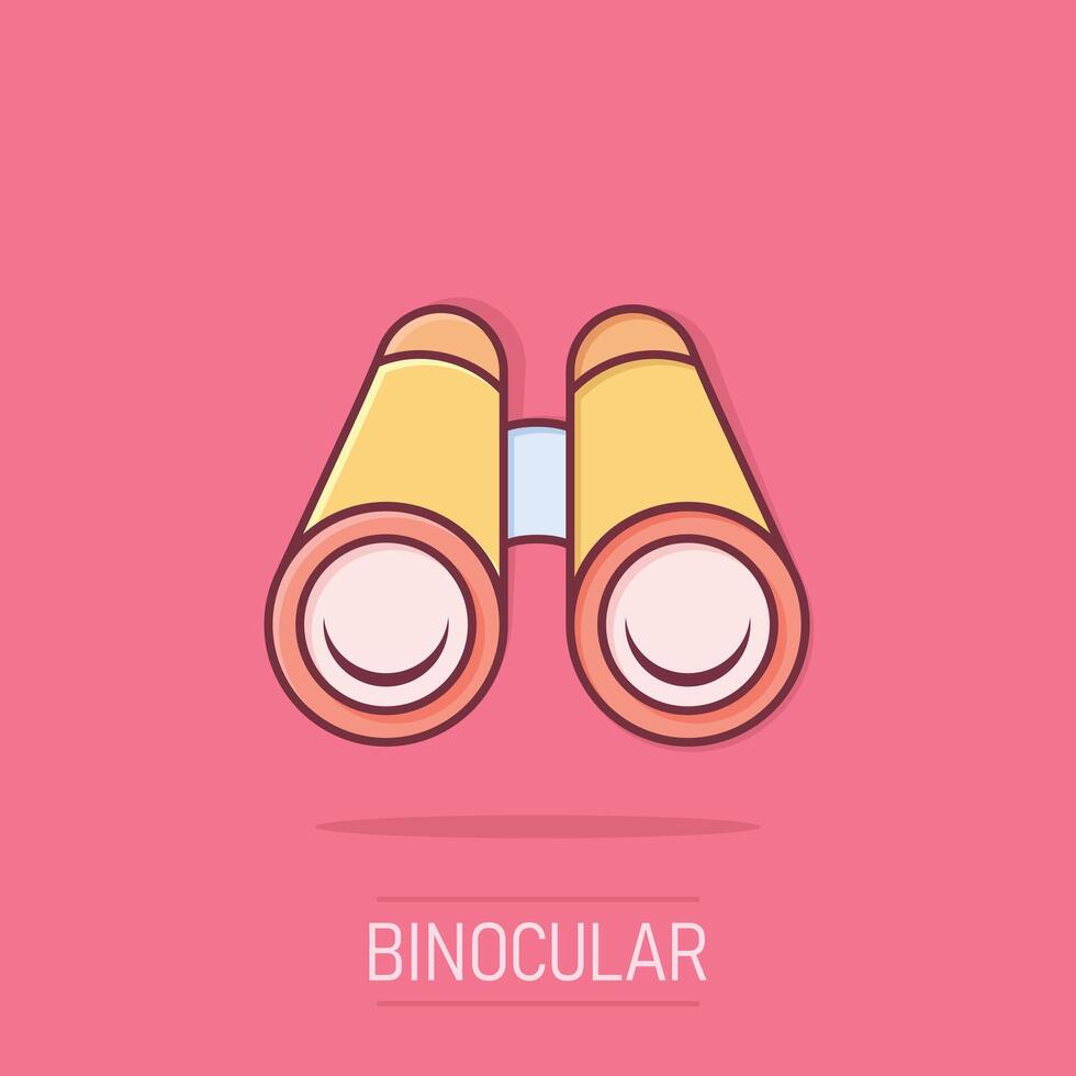 ícone binocular em estilo cômico. pesquisa ilustração vetorial dos desenhos animados sobre fundo branco isolado. conceito de negócio de efeito de respingo de zoom. vetor