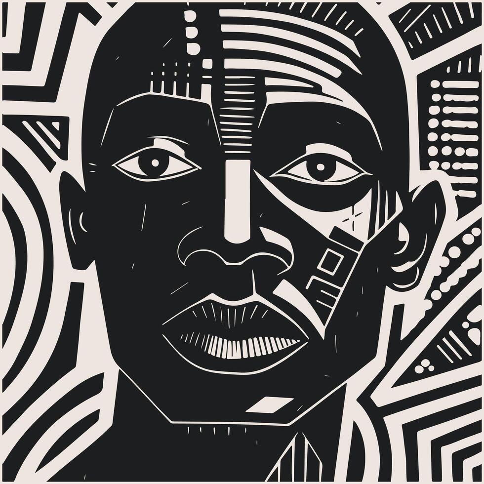 abstrato arte vetor esboço ilustração do africano homem face. Preto e branco coloração página do humano face retrato. moderno imprimir, poster imagem.