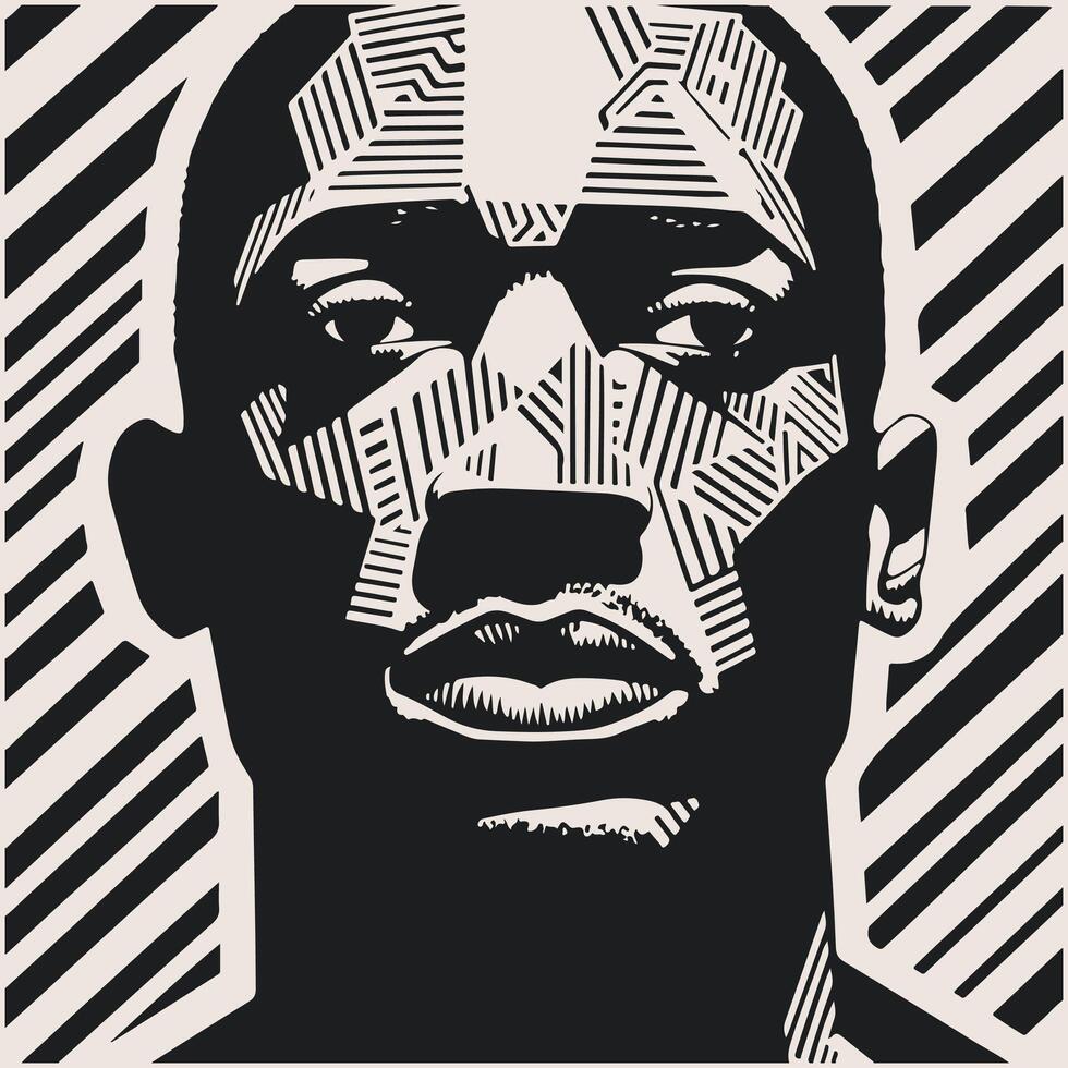 abstrato arte vetor esboço ilustração do africano homem face. Preto e branco coloração página do humano face retrato. moderno imprimir, poster imagem.