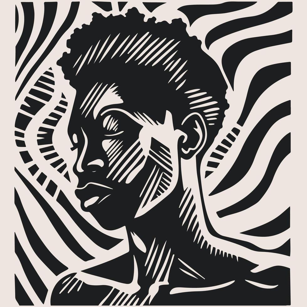 abstrato arte vetor esboço ilustração do africano homem face. Preto e branco coloração página do humano face retrato. moderno imprimir, poster imagem.