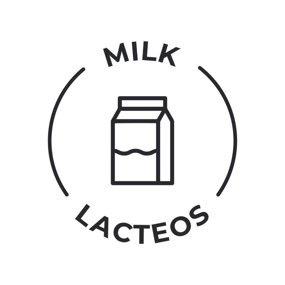 simples isolado vetor logotipo crachá ingrediente Atenção rótulo. alérgenos ícones. Comida intolerância leite. escrito dentro espanhol e Inglês