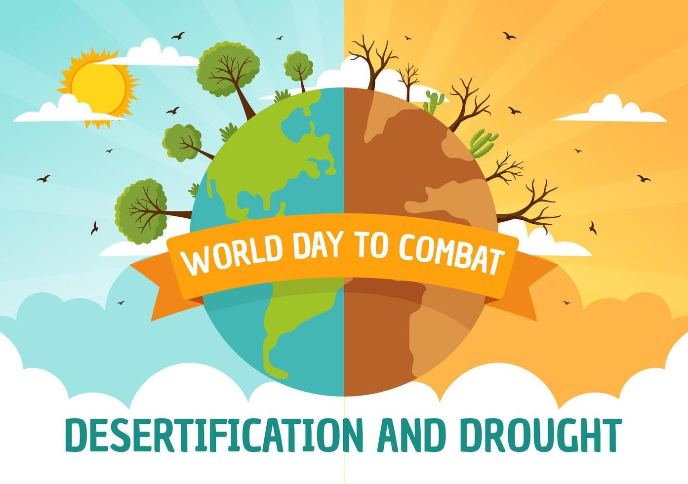 mundo dia para combate desertificação e seca vetor ilustração com girando a deserto para dentro fertil terra e pastagens dentro natureza plano fundo