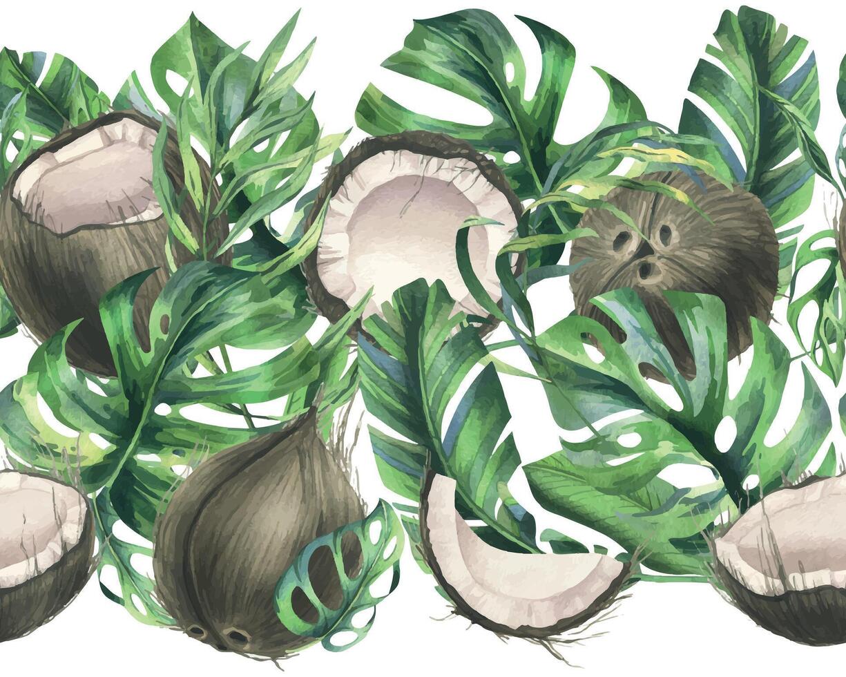 cocos todo, metades e peças com brilhante, verde, tropical Palma folhas. mão desenhado aguarela ilustração. desatado fronteira isolado a partir de a fundo vetor