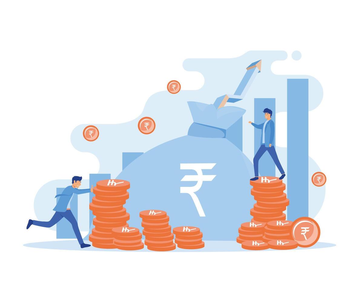 o negócio pessoas estão aumentando rupia moedas com sempre aumentando gráfico. plano vetor moderno ilustração