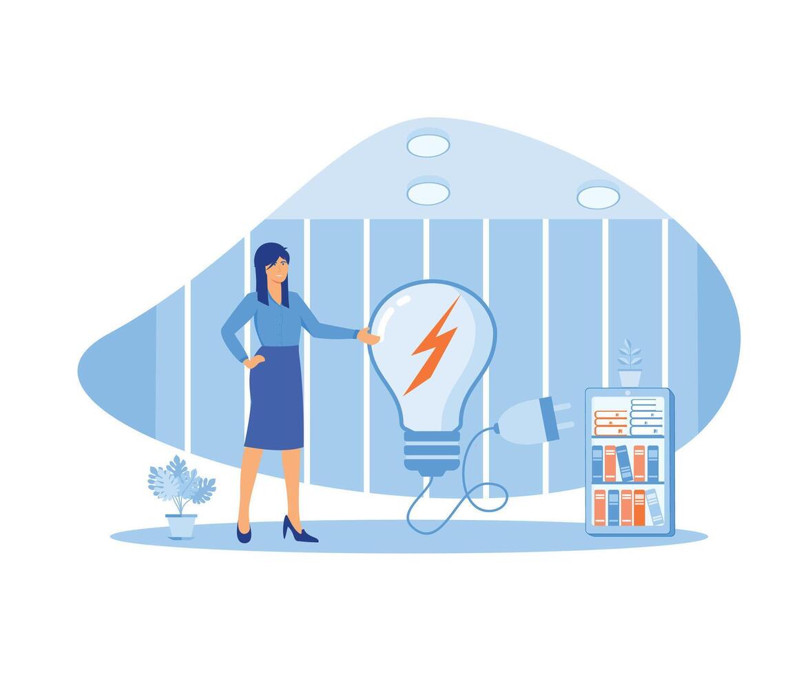 mulher usando elétrico energia salvando dispositivo. plano vetor moderno ilustração