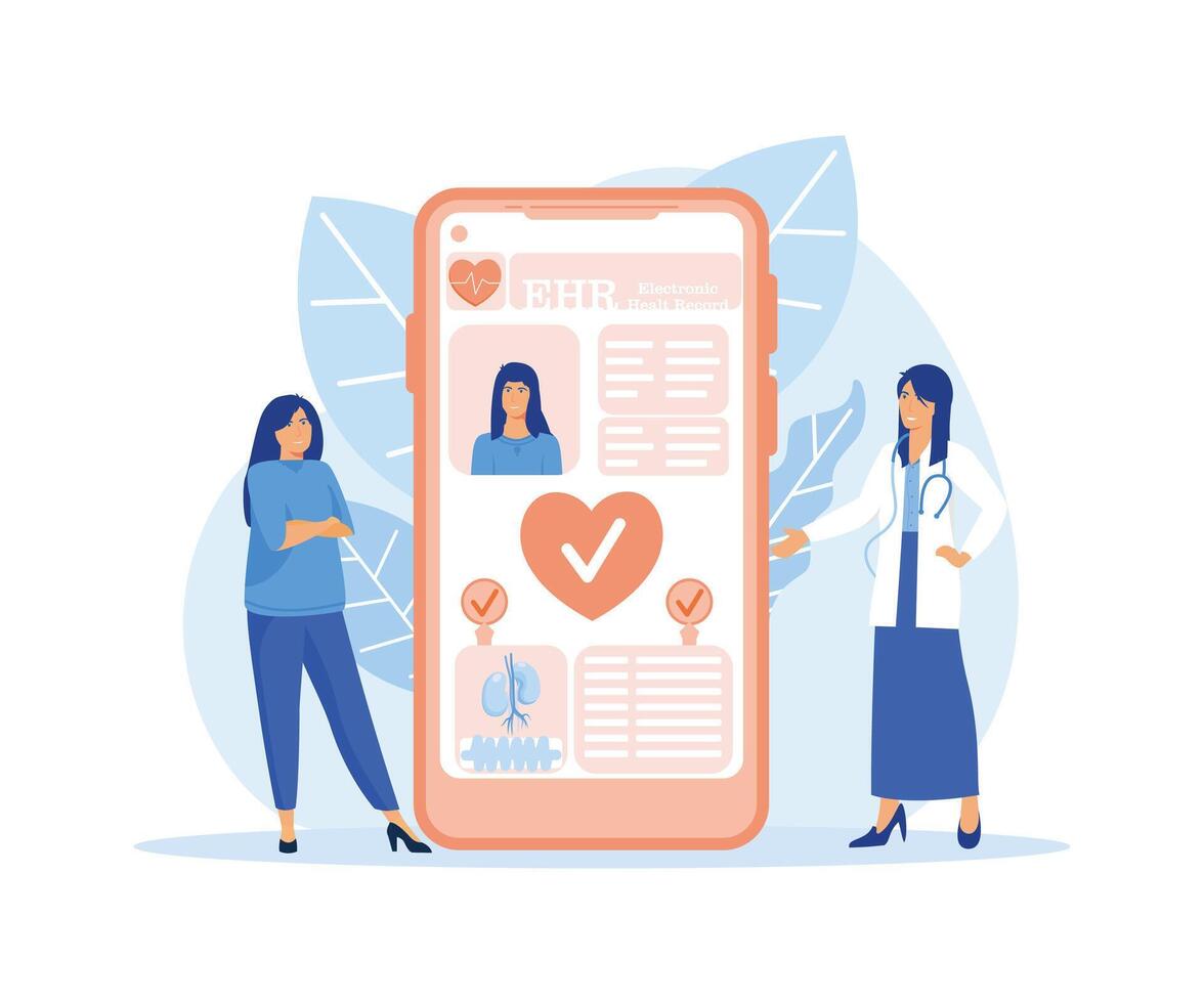 eletrônico saúde registro, ehr digital paciente gráfico através da Smartphone. fêmea médico lendo médico, tratamento história, clínico dados do jovem mulher, cuidados de saúde aplicativo. vetor