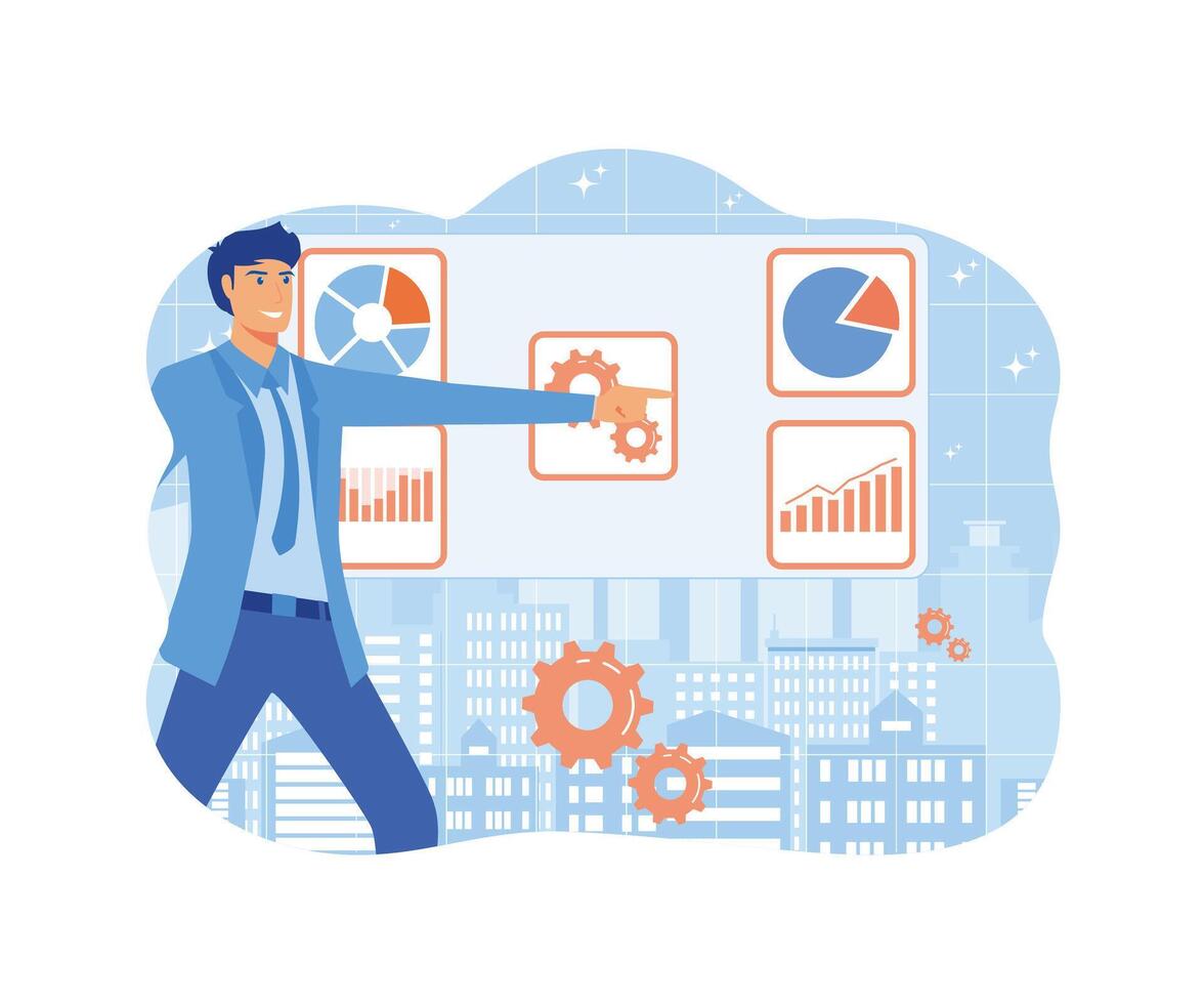 dados cientista olhando e interagindo com virtual painel de controle para analisar dados dentro gráficos e Estatisticas. plano vetor moderno ilustração