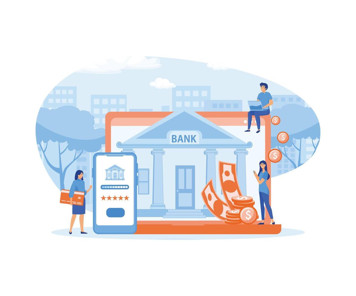 Móvel bancário e conectados Forma de pagamento conceito. pessoas usando computador portátil e Móvel inteligente telefone para conectados bancário e contabilidade. plano vetor moderno ilustração