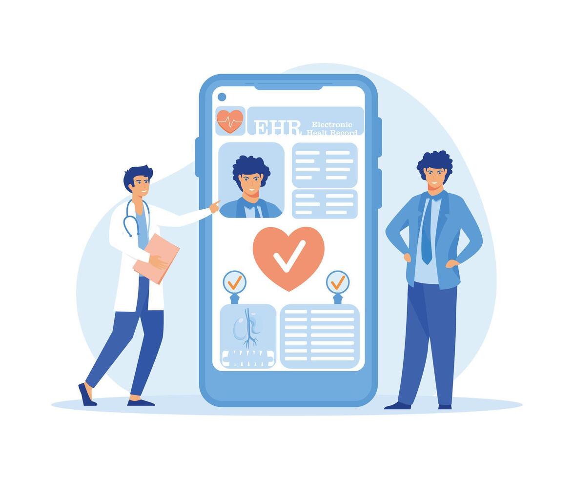 eletrônico saúde registro, ehr digital paciente gráfico em Smartphone. masculino médico lendo médico, tratamento história, clínico dados do jovem homem, cuidados de saúde aplicativo. plano vetor moderno ilustração