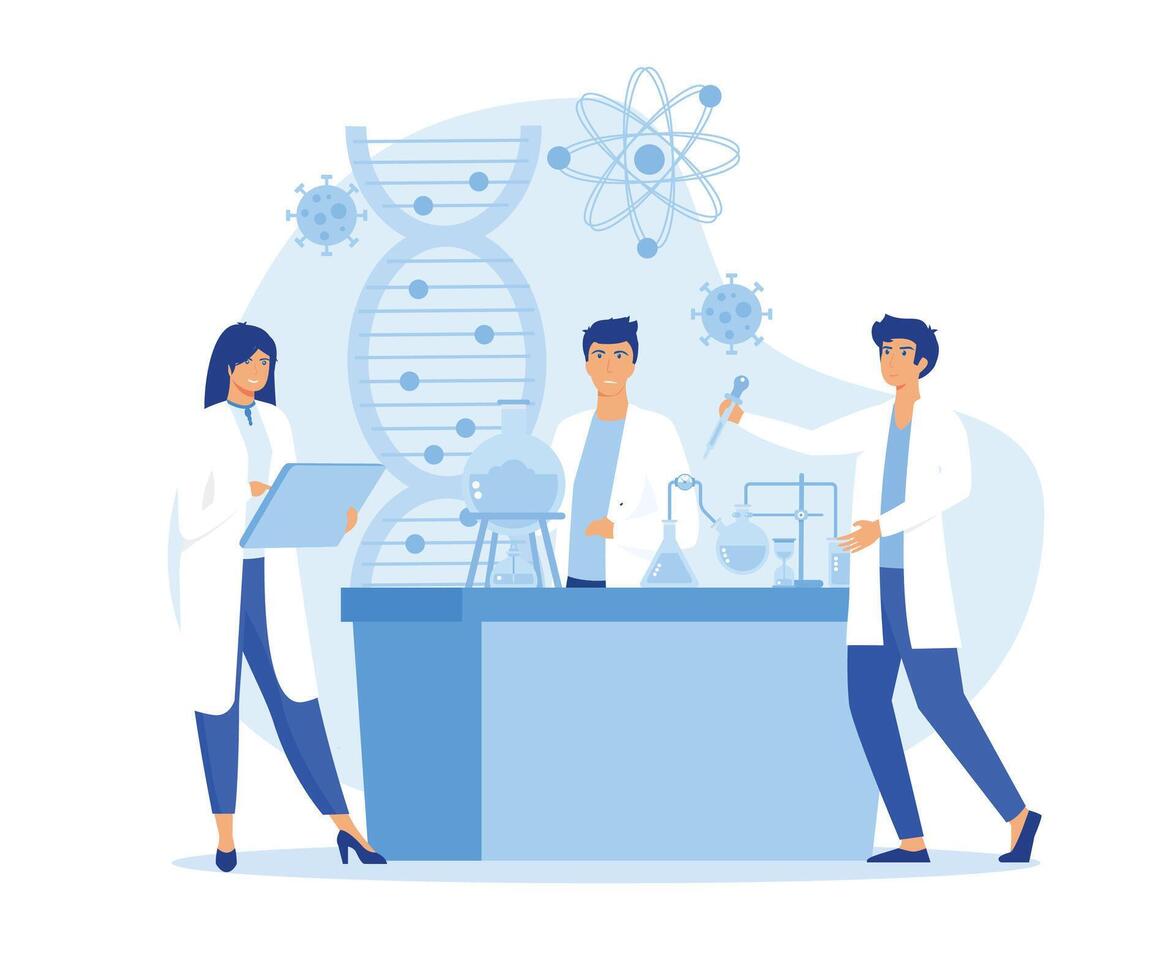 cientistas dois homens e mulher trabalhando às Ciência laboratório. laboratório interior, equipamento e laboratório vidraria. plano vetor moderno ilustração