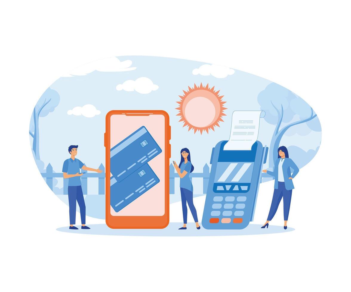 conectados Forma de pagamento conceito. pessoas pagando impostos e dívidas em a célula telefone apps usando cartão. vetor