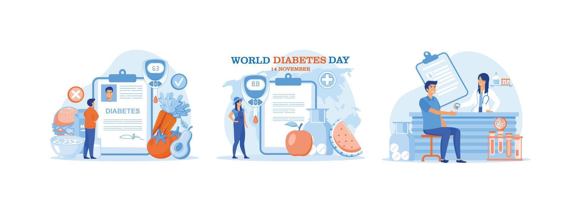 glicosímetro para açúcar nível sangue teste com dieta e pouco saudável comida, remédio diabetes conceito, médico dando consulta para sangue Estado ao controle. diabetes nível conjunto plano vetor moderno ilustração