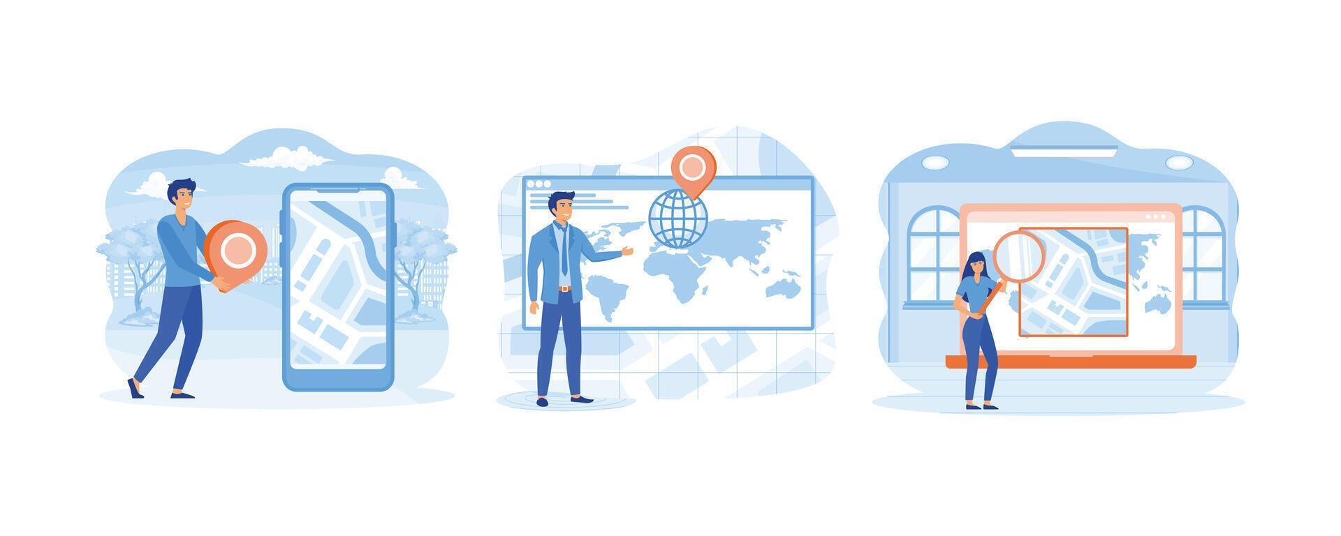 geo localização. minúsculo masculino procurando rota e olhando em mapa conectados dentro rede posicionamento. vendo conectados mapa usando ampliação vidro em aplicativo tela. conjunto plano vetor moderno ilustração