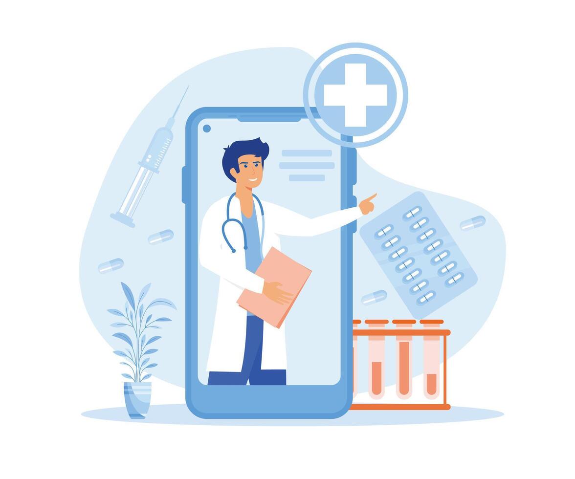 Smartphone tela com uma masculino doutor. conectados médico Serviços, consulta e telemedicina conceito. plano vetor moderno ilustração