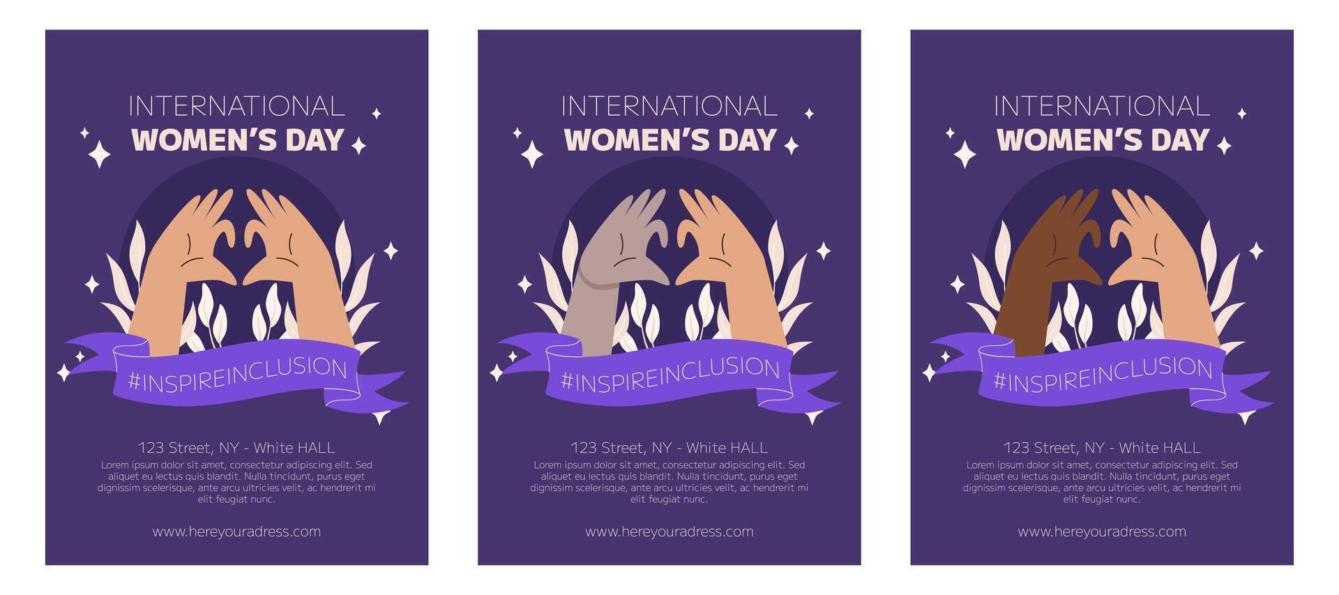 iwd inspirar inclusão campanha, internacional mulheres dia 2024 poster coleção características variedade do mãos mostrando a coração gesto. vetor mão desenhado ilustração dentro plano estilo.