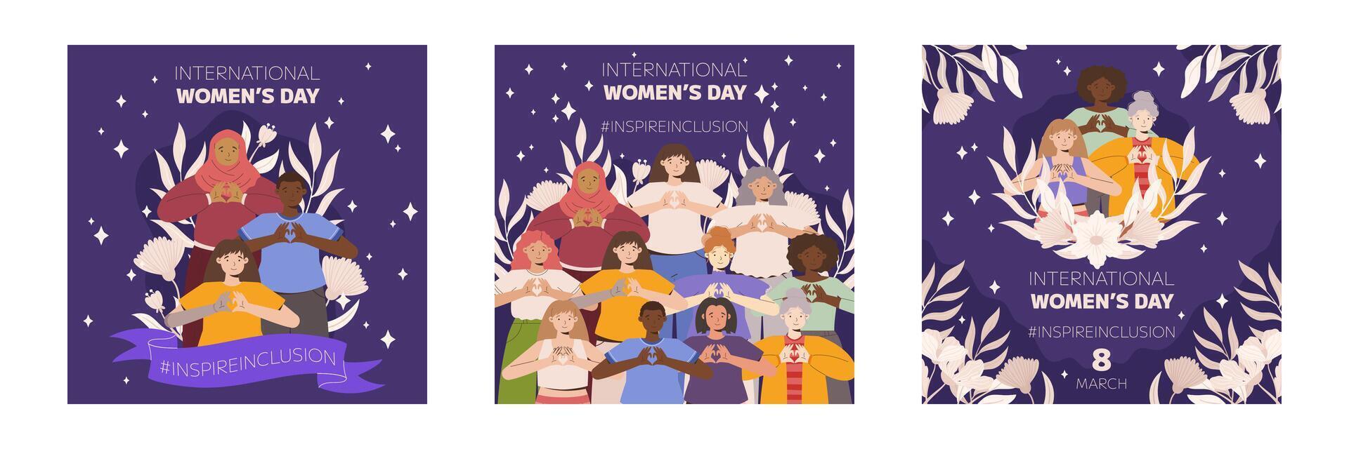 iwd inspirar inclusão campanha, internacional mulheres dia 2024 quadrado social meios de comunicação postar modelo coleção características uma diversidade do mulheres fazer a coração gesto com seus mãos. vetor